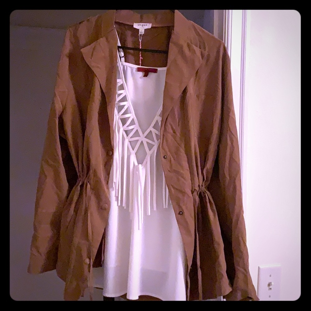 Tan jacket and buckle shirt